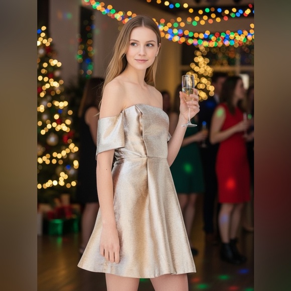 NWT Sandro Palacio Off Shoulder Mini Dress in Metallic Gold Size S - Picture 4 of 14